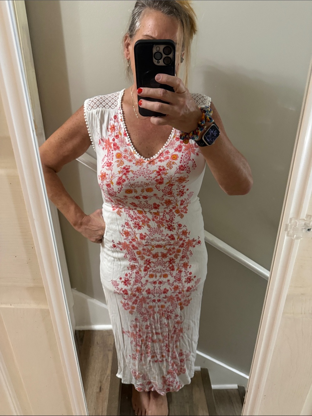 Clover + Scout Floral Maxi Dress L White Coral Boho Crochet Trim